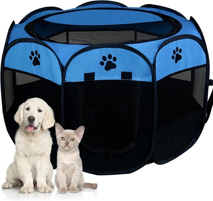 Dog Playpen,Puppy Pet Cat Playpen Indoor for Small Dogs Tent Crates Cage Indoor/Outdoor, Portable Pop Up Dog Kennel Playpen with for Dogs/Cats/Rabbits, Removable Zipper Top(Small Size, Blue)