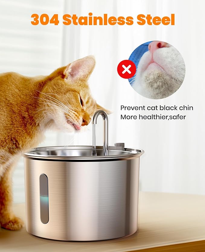 oneisall Stainless Steel Cat Water Fountain, 2L Water Fountains for Cats Indoor with Quiet Pump and 3 Replacement Filters, Pet Water Fountain Faucet Spout Design Cat Fountain Drinking Inside, PWF 001