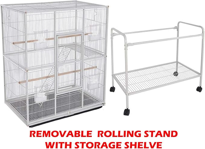 Extra Large Double Center Divider Birdhouse Treehouse Bird Flight Breeder Cage with Breeding Nest Box Doors Removable Rolling Stand (White Vein, 63" L x 19" W x 64" H)