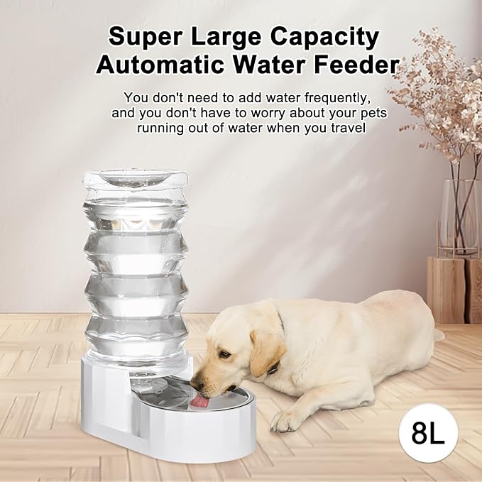 RIZZARI Large Gravity Water Dispenser: 8L Auto-Refill Stainless Steel Dog Water Feeder with Triple Filter - No Spill and BPA-Free - for Large or Active Dogs & Multi-Dog Households - Porch - Garden
