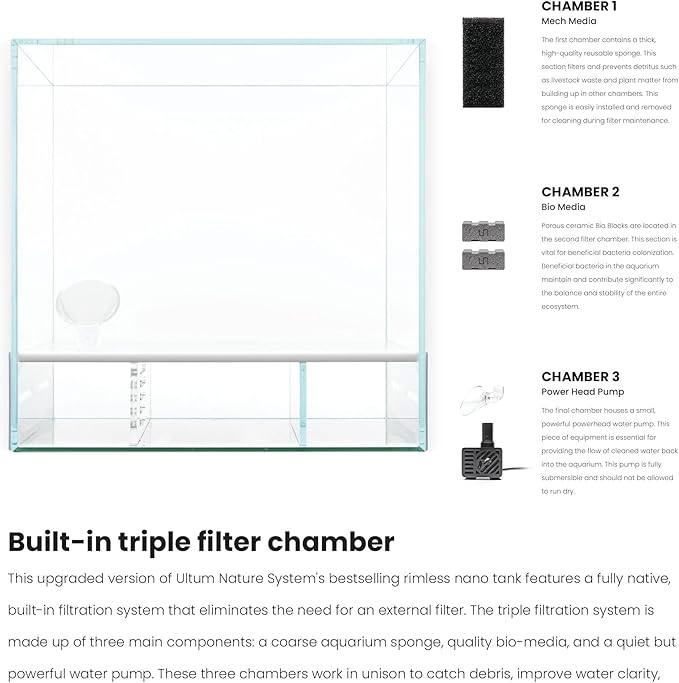 Ultum Nature Systems Rimless All in One Aquarium - Cube Fish Tank, Freshwater AIO Aquarium, Rimless Fish Tank w/Triple-Chamber Filter & White Background - 7 Gallon - 11.81" x 11.81" x 11.81" - 30A