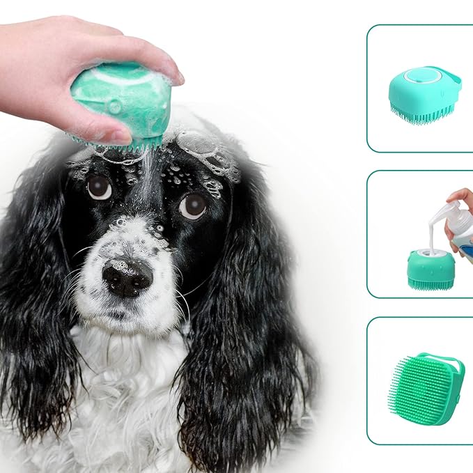 ELEGX Pet Grooming Bath Massage Brush with Soap and Shampoo Dispenser Soft Silicone Bristle for Long Short Haired Dogs Cats Shower (Blue)