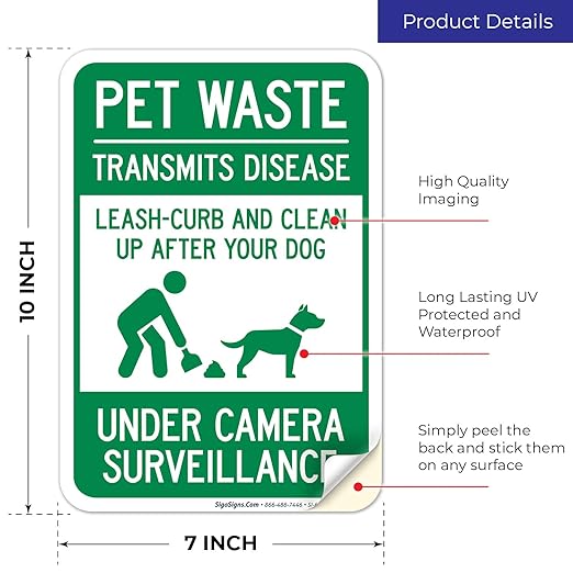 Pet Waste Leash-Curb and Clean Up After Your Dog Under Camera Surveillance Sign, 10x7 Inches, 4 Mil Vinyl Decal Stickers Weather Resistant, Made in USA