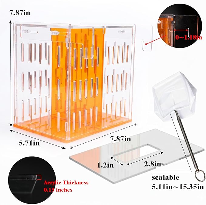 Aquarium Isolation & Acclimation Box, Acrylic Breeder Box with Long Handle Net for Fish Tank - Hatchery Incubator for Shrimp, Betta, Guppy, Baby Fish (Orange, 7.84x5.71x7.87 in)