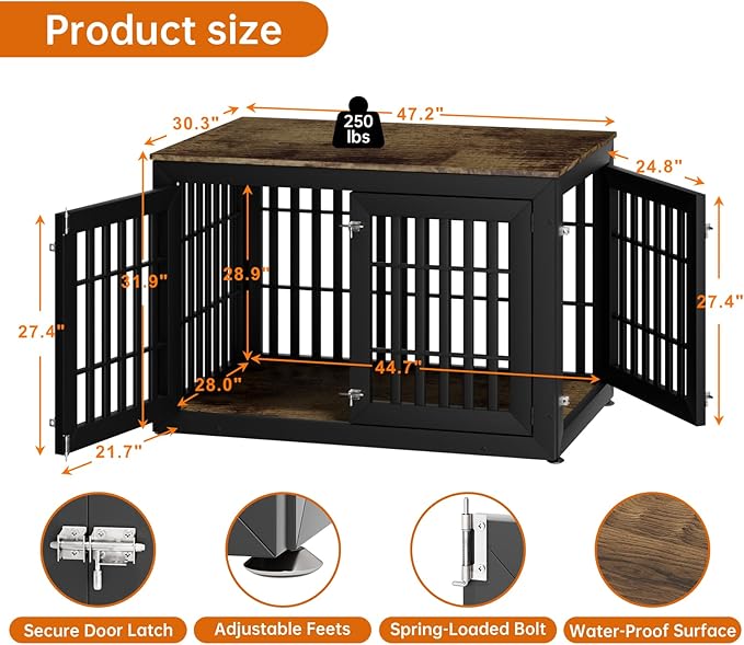 48" Heavy Duty Dog Crate Furniture for Small,Medium and Large Dogs,Rustic Wooden Dog Cage Kennel Indoor Furniture with Waterproof Top,Decorative Pet House Side End Table (Black & Wood)