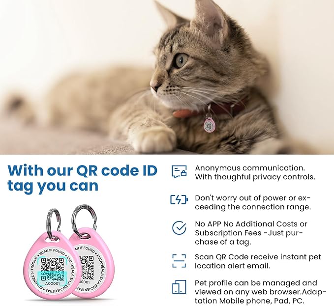 Cat Tags Personalized Small, QR Code Cat Name Tags for Kitten Collar, Scan Location Alerts, Pink S