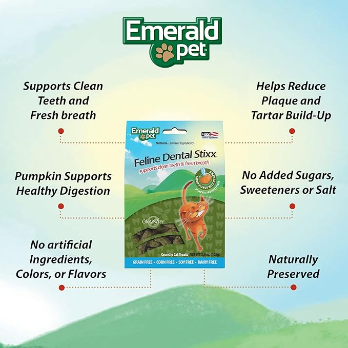 Emerald Pet Feline Dental Stixx — Tasty and Crunchy Cat Sticks with Pumpkin for Digestive Health — Natural Grain Free Treats for Clean Cat Teeth and Fresh Breath — Catnip, 3.6 oz