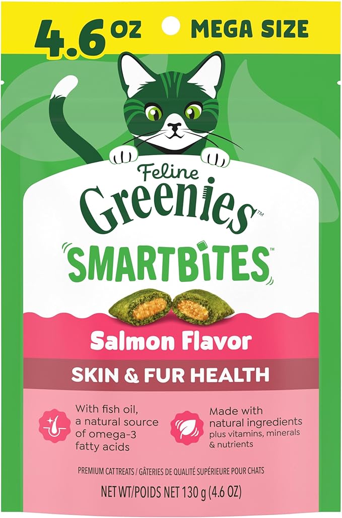 Greenies Cat Treats, Feline Smartbites, Skin & Fur Health, Crunchy and Soft Cat Treats, Salmon Flavor, 4.6 oz. Pack