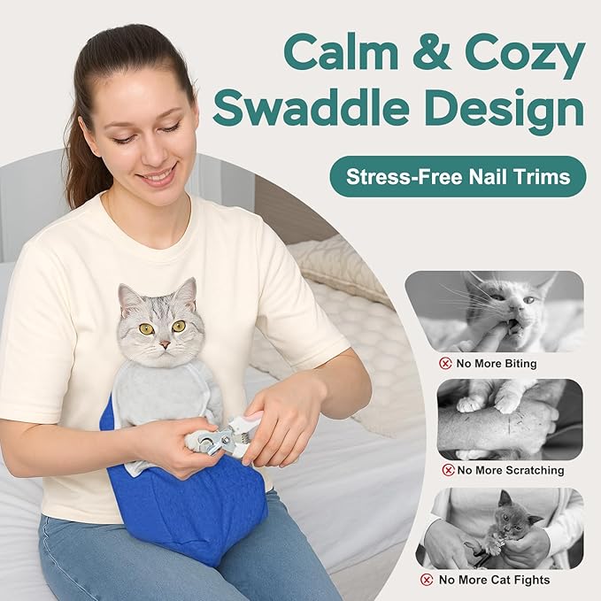 Self-Adhesive Cat Grooming Wrap, Cozy Cat Wrap for Cutting Nails, Breathable Anti-Scratch Cats Swaddle Bag for Brushing, Ear Cleaning, Dental Care, Medication, Injections,Blue S
