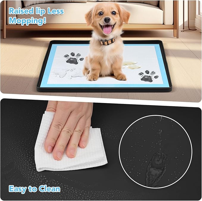 Pee Pad Holder for Dogs, Dog and Puppy Pee Pads Holder, 24"x24" Non-Slip & Leak-Proof & Portable Silicone Mat with Raised Edge Design, Square Puppy Potty Training Tray for Home Floor Protection(Black)