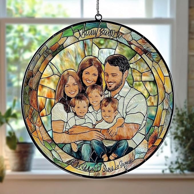 Custom Family Portrait Glass Catcher, Custom Portrait Stained Glass Catcher for Window Hanging, Gift for Dad, Personalized Family Portraits Stained Glasss Catchers, Memorial Gifts /15