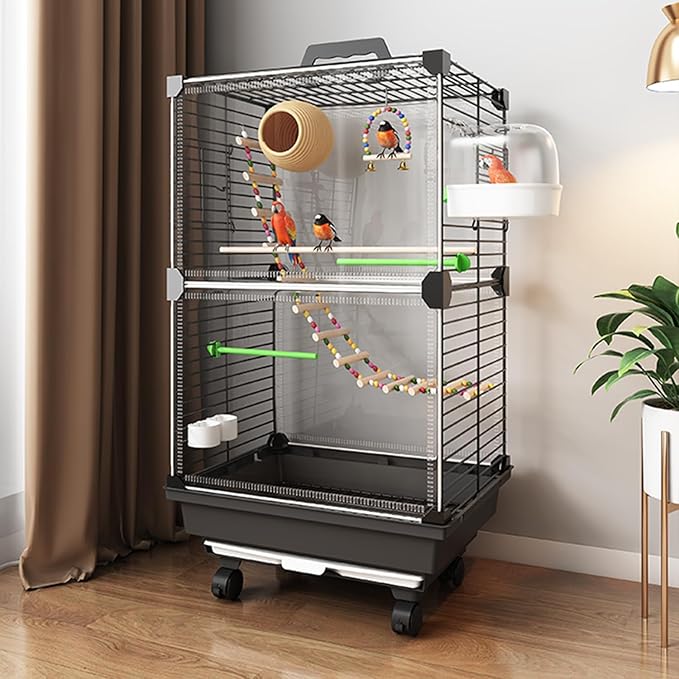 Bird Cage,Large Parrot Cage with Acrylic Doors, 3-Tier Movable Birdcage Parakeet Cage w/Wheels, 360° View Spacious Interactive Bird House (Black, with breeding Box)