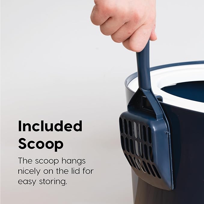 IRIS USA Large Top Entry Cat Litter Box with Lid Enclosed Covered Hooded Design Litter Catching Scatter Shield Pan Dog Proof Pet Proof Scoop Included Odor Control for Indoor Cats Kittens, Navy/White