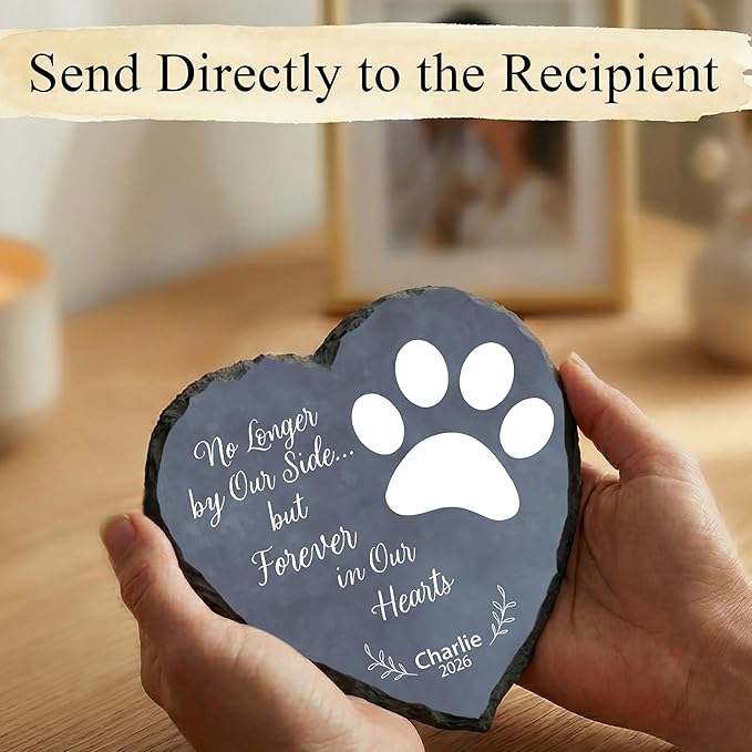 Personalized Dog Memorial Stone, No Longer by Our Side Heart Paw Print Plaque, Pet Loss Gift for Dogs Stone (S-002)