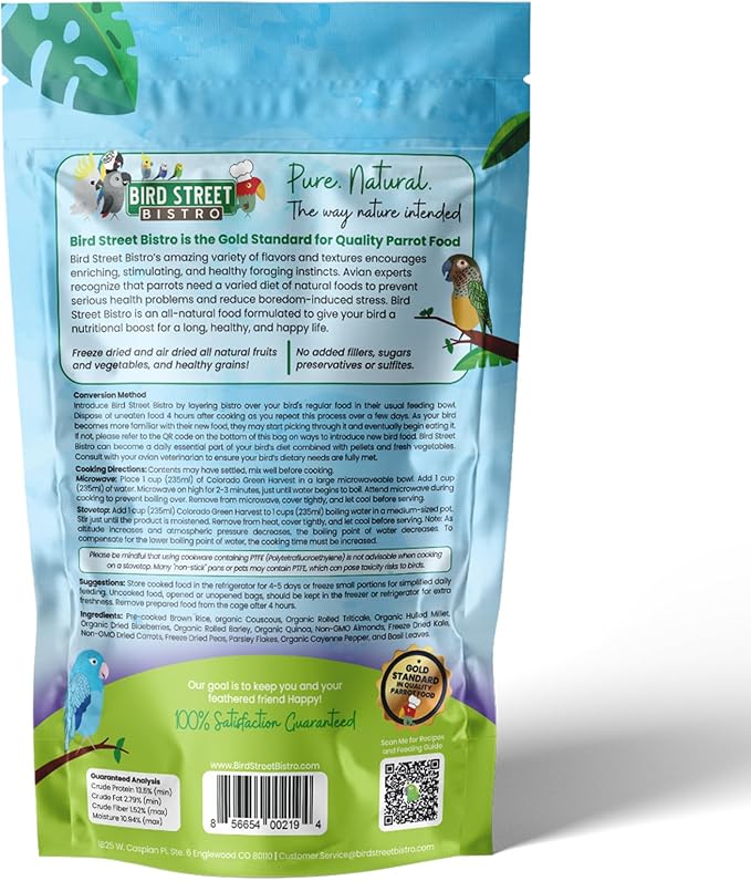 Bird Street Bistro Parrot Food for Parakeets & Cockatiels - Colorado Green Harvest - 18 oz - Cooks in 3-15 min, Natural Grains, Fruits & Vegetables - USA Made