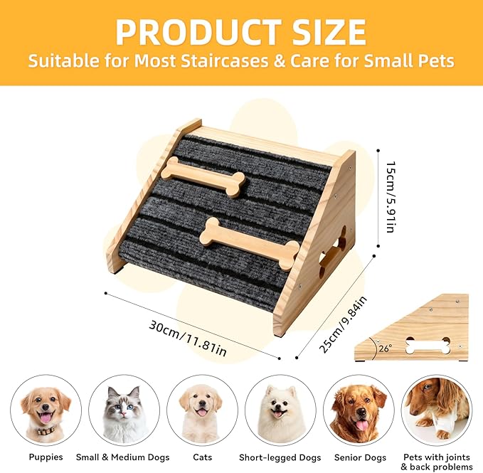 2-Pack Wooden Dog Ramp for Stairs - Natural Pine Wood Pet Step Ramp with Anti-Slip Bone Strips & Felt Padding, Stair Wedge for Small Medium Dogs, Indoor Home Safety Access for Injured Dogs