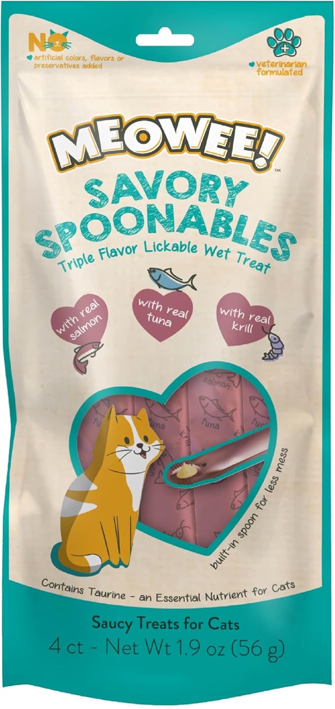 Savory Spoonables with Real Salmon, Tuna and Krill for Cats, 4 Count, Treat Your Cat to Triple Flavor Squeezable Lickable Wet Treats with Built-in Spoon for Less Mess (Pack of 2)
