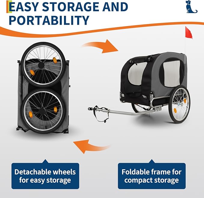 Dog Bike Trailer for Medium & Large Dogs - 16" Air-Filled Tires Pet Bicycle Carrier with Universal Coupler | Waterproof Oxford Fabric Cargo Cart for Medium/Large Dogs - Safe Cycling Access (Grey)