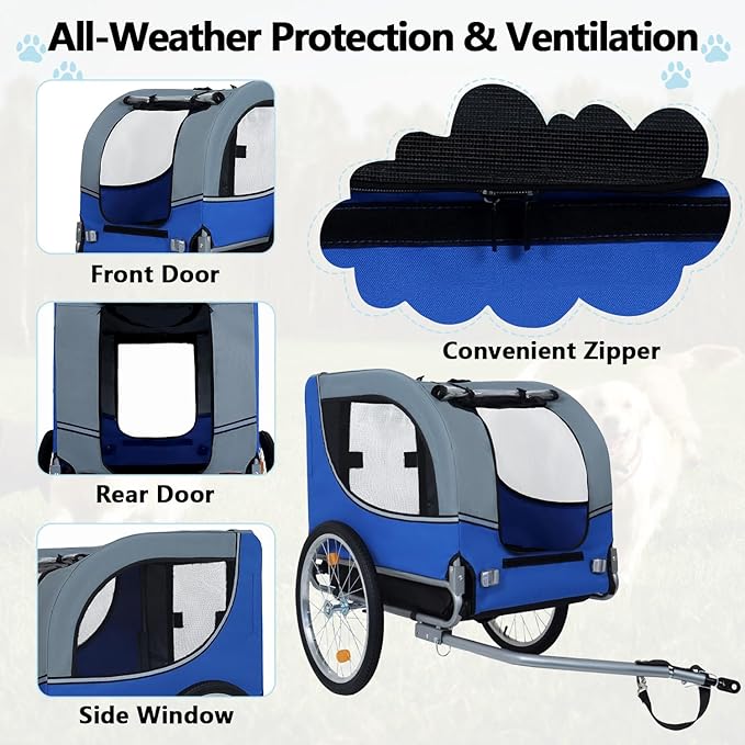 Large Dog Trailer for Bike, Folding Bike Trailer for Dogs with 18.9" Wheels, 120LB Capacity All-Terrain Pet Carrier, Universal Bicycle Coupler