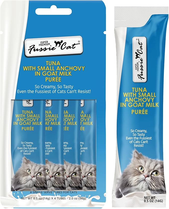 Fussie Cat Premium Tuna with Small Anchovies in Goat Milk Puree, lickable cat Treats, 0.5oz Pouch Pack of 4