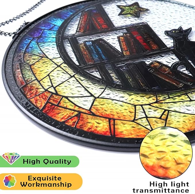 Cat Suncatcher - Sun Catchers Indoor Window, Celestial Stained Glass Window Hanging Decor with Star & Bookshelf Design, Pet Memorial Gift for Cat Lovers, Grieving Pet Owners, or Gothic Home Aesthetic