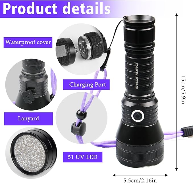 Rechargeable UV Flashlight, 51 LED 395nm Black Light, Ultraviolet Lite UV Light, Pet Urine Detector for Dog/Cat Urine, Dry Stains, Bed Bug, Resin Curing, Scorpions, Dry Pet Stains