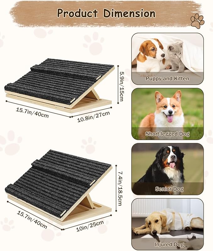 Foldable Wooden Dog Ramp for Stairs, Upgraded Non-Slip Dog ramps, 2 Packs for Small or Medium Dogs and Cats， Step and Stair for Injured and Elderly Pets（No Installation Required）