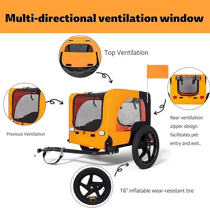 Anwick Dog Bike Trailer, Heavy Duty Dog Trailer for Bicycle, Cart Pet Bike Carrier with 3 Doors, 16" Wheels, Flag, Collapsible to Store, Pet Cart Bicycle Carrier for Small and Medium Pets