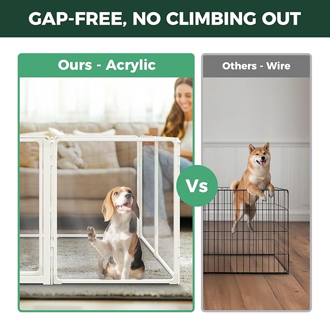 FXW AuraSpace Pro Metal & Acrylic Indoor Dog Playpen, All-Acrylic Clear Heavy-Duty Design, 32" Height 8 Panels for Small and Medium Dogs, White│Patented