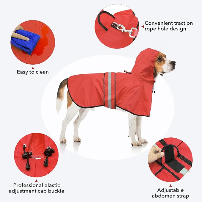 Reflective Dog Raincoat - Adjustable Hooded Pet Rain Coat Jacket, Waterproof Dog Slicker Poncho for Small to X- Large Dogs and Puppies (Red, X-Large)