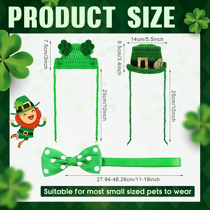 MTLEE 4 Pcs St Patrick's Day Pet Costume Accessories, 2 Pcs Shamrock Headband for Cat and 2 Pack Green Cat Neck Bow St. Patty's Day Top Hat with Ear Holes and Chin Straps Adjustable for Pets