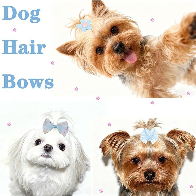20pcs Handmade Puppy Hair Bows Blue, Cute Bowknot Top Knot with Elastic Bands for Yorkie Grooming