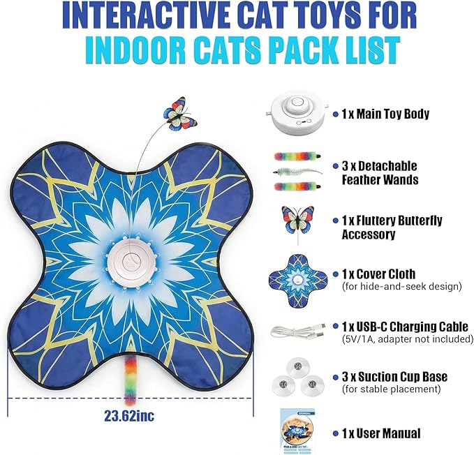 Interactive Cat Toy for Indoor Cats, Touch Activated Automatic Electronic Cat Toy with Sound On/Off, Dual Wands, Non-Slip Suction Cups, Rechargeable Hide and Seek Cat Play Mat for Bored Adult Kittens