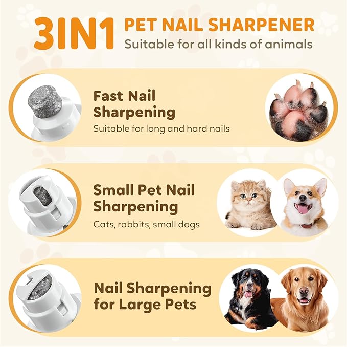 Pet Nail Grinder Cordless, 2025 Upgraded Rechargeable Dog Nail Trimmer with LED Light 3 Speeds, Dogs and Cats Pet Paws Grooming Tool with Replacement Grinding Heads