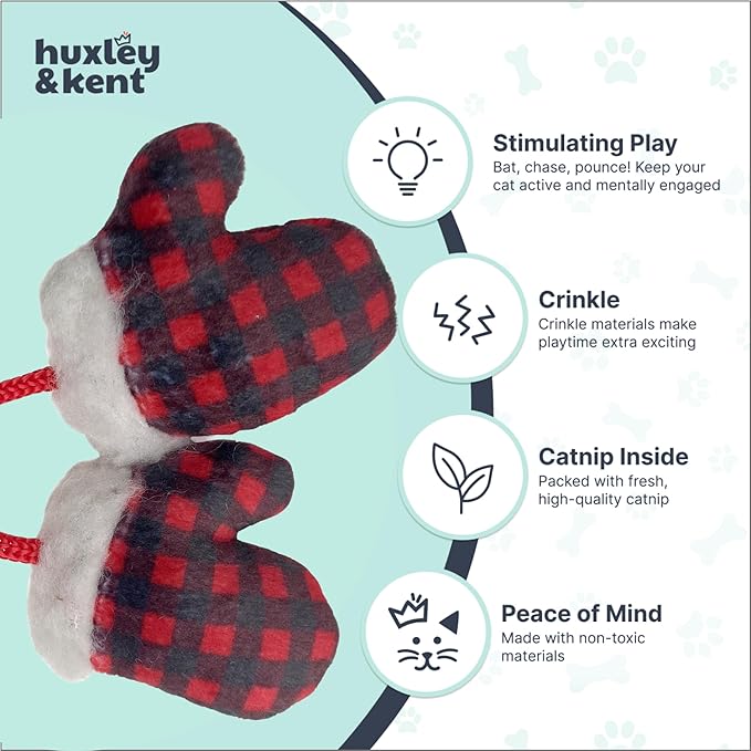 Huxley & Kent Plush Cat Toy - Holiday Interactive Catnip Toy for Cats & Kittens - Soft with Crinkle & Catnip - Fun Indoor Play - Mittens for Kittens