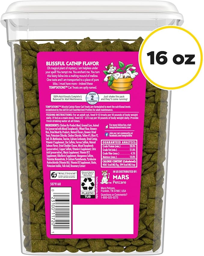 Temptations Cat Treats, Classic Crunchy and Soft Cat Treats, Blissful Catnip Flavor, Catnip Treats, 16 oz. Tub