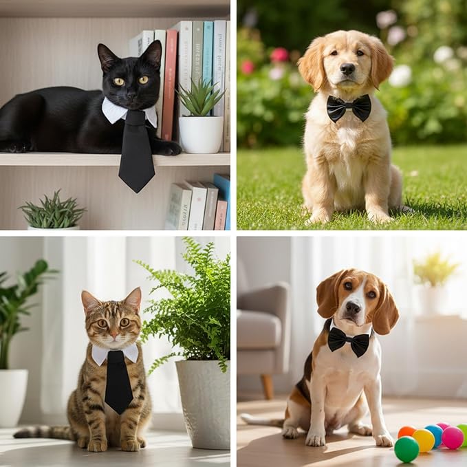 2 Pcs Cat Collar with Bowtie, Adjustable Necktie Tappy Cat Tie, Cats Bowtie, Formal Dog Tux with Hook-Loop Closure for Small Dogs Cats Wedding Party Photo Costume Attire