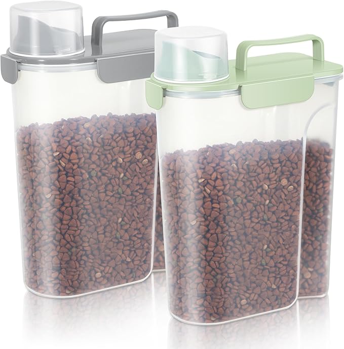 5-7Lbs Dog Cat Food Storage Container with Upgraded Large Nozzle BPA-free, 4 Snap Seals Plastic Pet Food Storage Containers with Handles (Light Green+Light Gray, 5L-2pack)