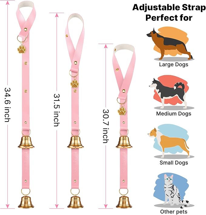 FOLKSMATE Leather Dog Door Bells for Potty Training, Big Brass Puppy Dog Door Bells Extra Loud for Dogs Training, Housebreaking, Door Knob, Dog Bell to Ring to Go Outside Puppy Pet Supplies Pink