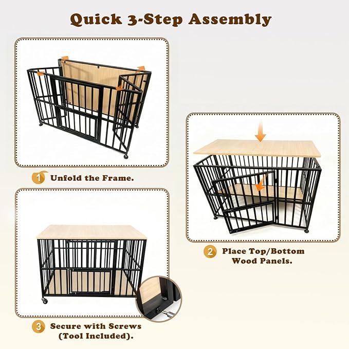 48" Dog Crate Furniture Foldable, Large Dog Kennel Furniture with Swing-Out Bowl & Dual Base Sets (Feet+Wheel), No Assembly Foldable Dog Crate Furniture, End Table for Large Dogs, Warm Gray