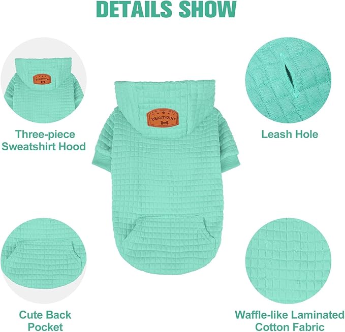 BEAUTYZOO Small Dog Hoodie Sweater with Pockets, Dog Clothes for Small Medium Dogs Boy Girl, Waffle-Like Laminated Cotton Pet Coats with Hat and Leash Hole, Mint Green ML