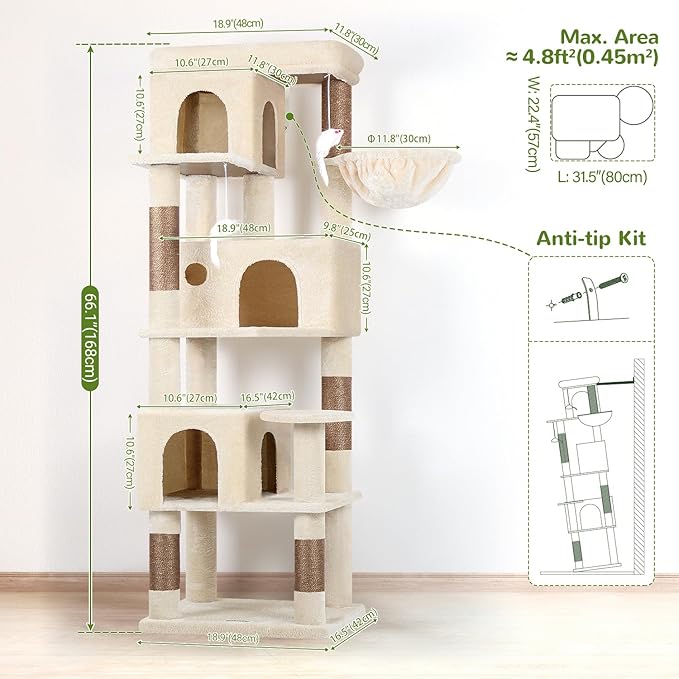 Globlazer Corner Cat Tree 66 inch Multi-Level Climbing Tower Kitty Condos Cat Scratching Tower for Indoor Multiple Cats with Large Platform, 3 Cat Caves, F66, Beige