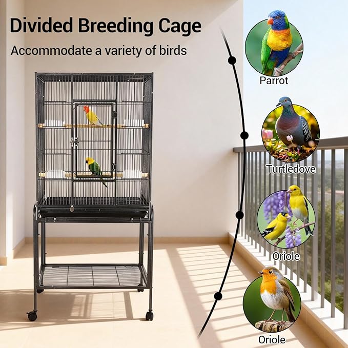 53 Inch Bird Cage with Wooden Perches, Standing Wrought Iron Birdcage Large Parrot Flight Bird Cage with Rolling Stand Birdcages for Cockatiels African Grey Quaker Lovebird Canary Budgie Finch Black