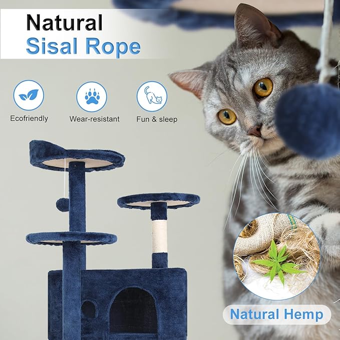 FDW | 54" Cat Tree Tower | Navy Blue | Multi-Level Indoor Activity Center with Sisal Scratching Posts, Condos, Plush Perches, Hanging Cat Toys | Sturdy, Easy to Assemble | for Kittens & Adult Cats