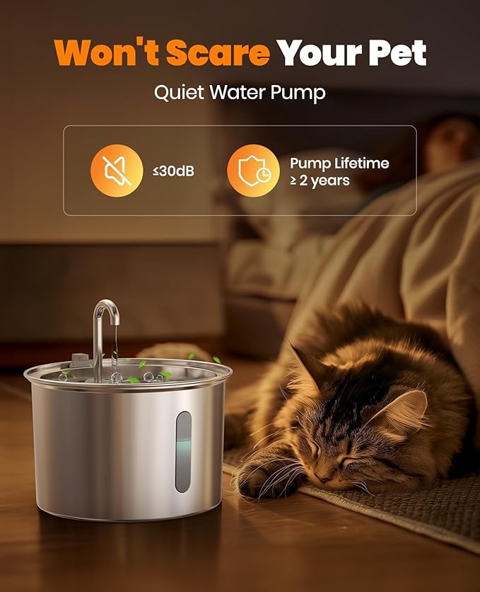 oneisall Stainless Steel Cat Water Fountain, 2L Water Fountains for Cats Indoor with Quiet Pump and 3 Replacement Filters, Pet Water Fountain Faucet Spout Design Cat Fountain Drinking Inside, PWF 001