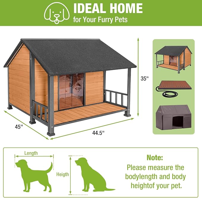 GUTINNEEN Extra Large Heated Dog House for Outside XXL Insulated Dog House Outdoor Dog Kennel with Safe Heated Pad, Chew-Proof Metal Frame, Thermal Liner for Large Dog Breeds, 44.5" L x 45" W x 35" H