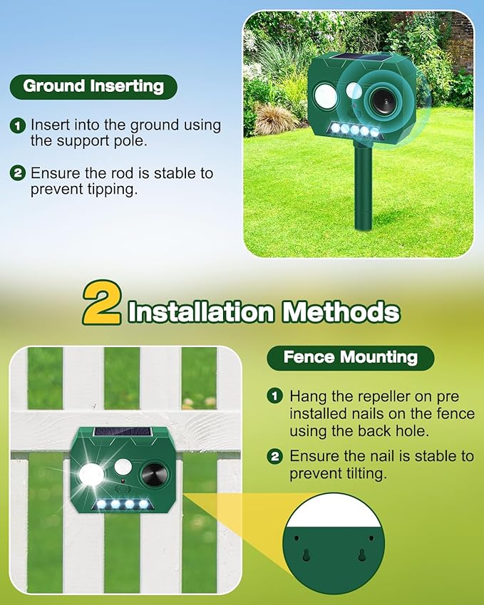 Solar Ultrasonic Animal Repellent Outdoor, 4 Pack Cat Repellent Outdoor Deer Repellent Devices with PIR Motion Sensor ＆ LED Flash, Waterproof Squirrel Repeller, Cat, Raccoons, Rabbits, Deer, Skunk