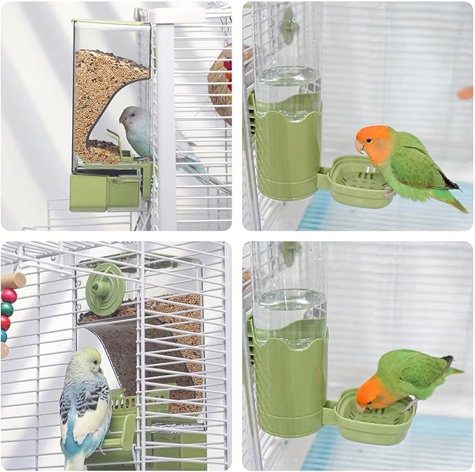 Bird Feeder Water Dispenser Set, Automatic Cage Feeder with Perch for Seed Parakeet Canary Cockatiel Finch Budgies Cage Accessories (Green)