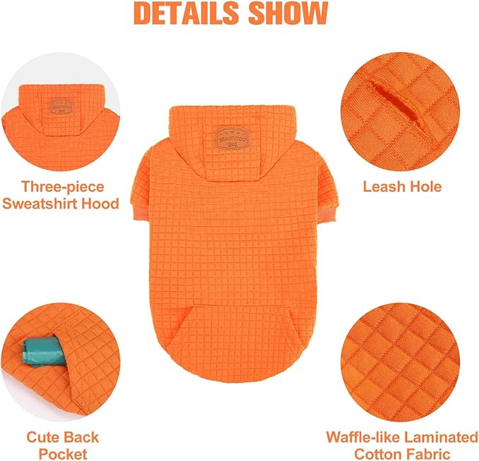 BEAUTYZOO Small Dog Hoodie Sweater with Pockets, Dog Clothes for Small Medium Dogs Boy Girl, Waffle-Like Laminated Cotton Pet Coats with Hat and Leash Hole, Orange SM