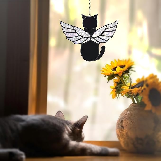 Angel Rainbow Wing Memorial Gifts - Stained Glass Cat Suncatcher, Loss of Cat Sympathy Gift (Black)